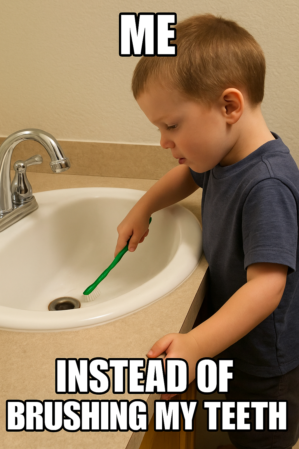 Kid using toothbrush to clean sink instead of teeth